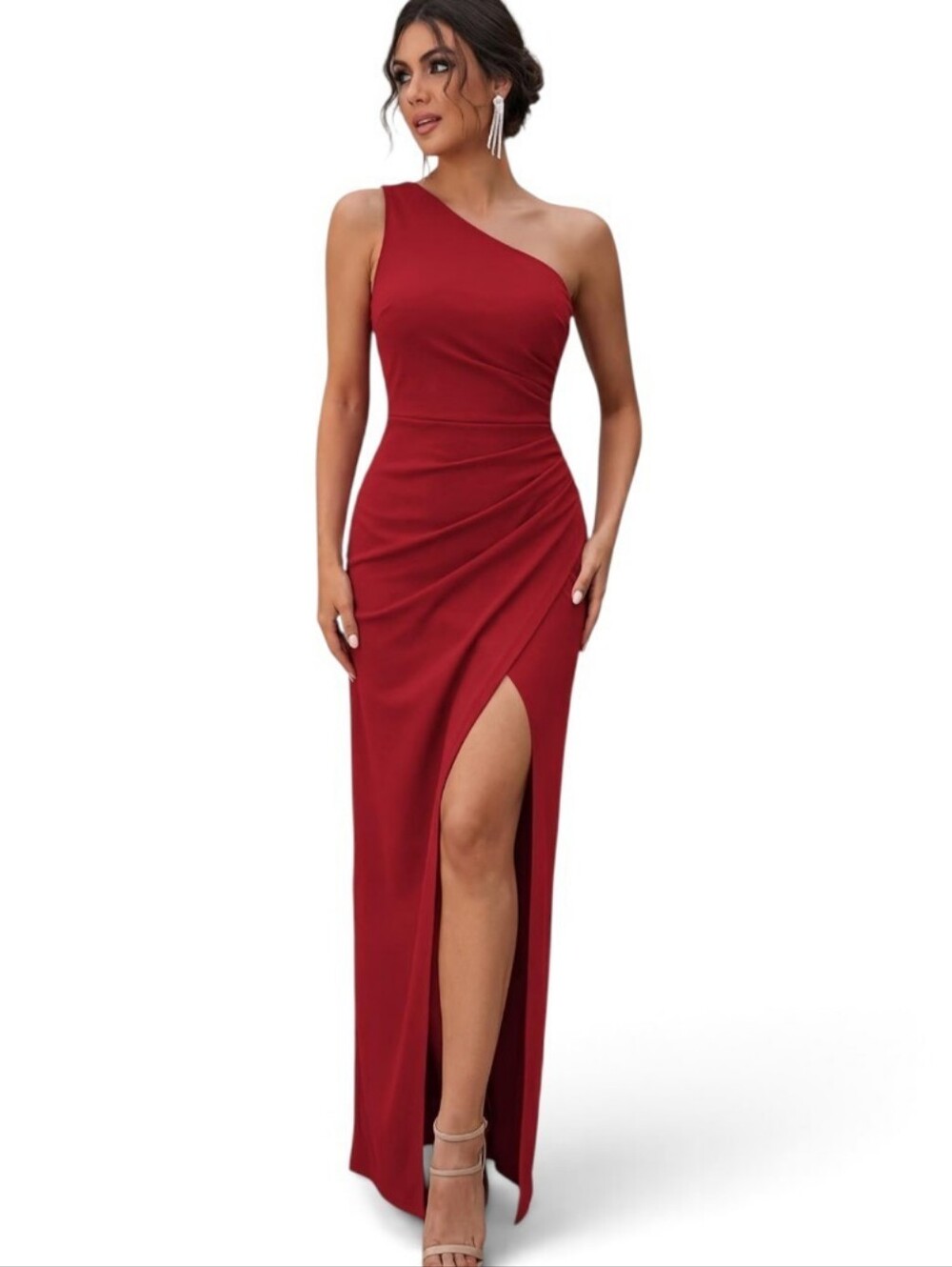 One-Shoulder Red Evening Gown with Side Thigh Slit